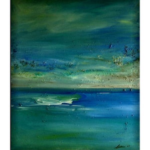 May include: Abstract painting of a seascape with a blue horizon and green and blue water. The painting has a textured surface and a subtle shimmer.