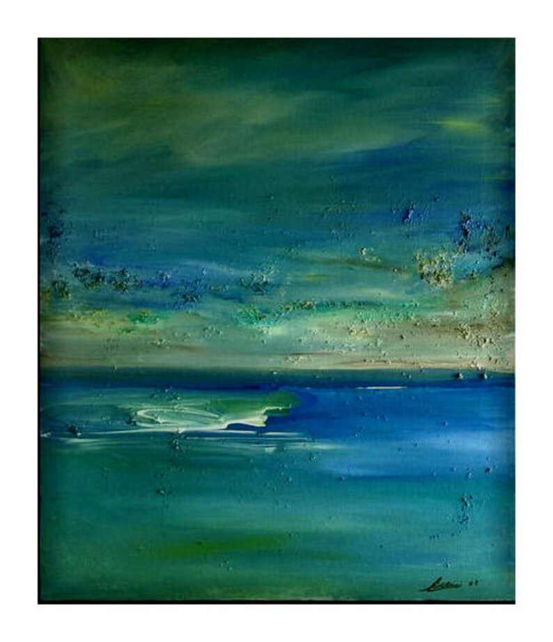 May include: Abstract painting of a seascape with a blue horizon and green and blue water. The painting has a textured surface and a subtle shimmer.