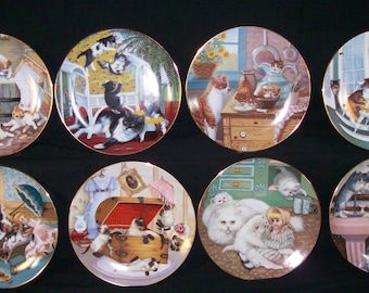 Vintage Cat Kitten Art  Fine China Hamilton Collection Rare Complete Set of 8 Country Kittens Cat Plates Trimmed in 23 Kt gold Cat Lovers