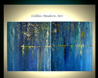 Large  Original Abstract Paintings, 48X30 Palette Knife  Fine Art Textured Blue  Paintings CUSTOM