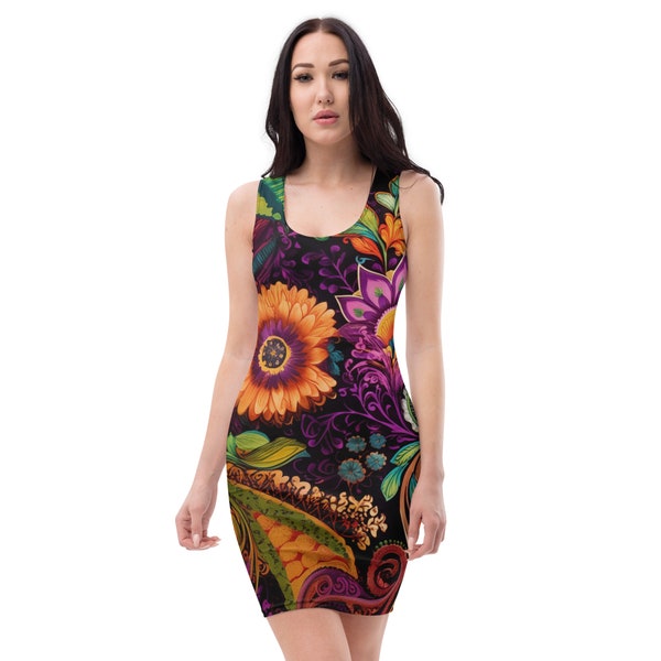 Floral Flower Bodycon Dress | Custom Design/Graphic | Spring/Summer Midi/Mini Dress | Cocktail Party Dress