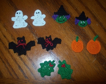Crocheted Halloween Appliques, Embellishments, Earrings, Magnets or Pins - Witch, Cat, Pumpkin, Candy Corn, Bat, Ghost or Jack-o-Lantern -