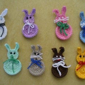 Crocheted Easter or Spring Bunny Applique, Embellishment, Earrings, Magnet or Pin Your Choice of Colors image 1