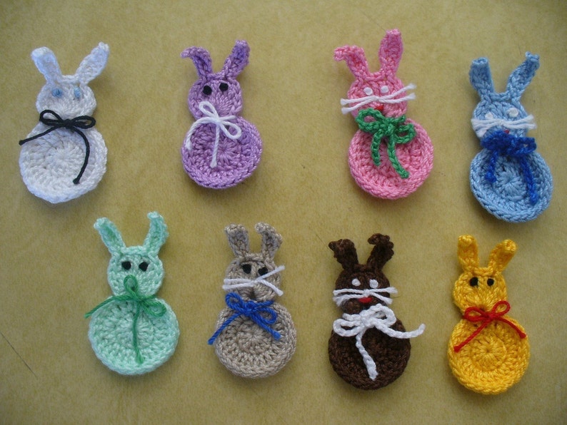 Crocheted Easter or Spring Bunny Applique, Embellishment, Earrings, Magnet or Pin Your Choice of Colors image 1