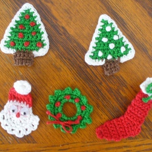 Crocheted Christmas Appliques, Embellishments, Pins, Magnets or Earrings - Santa Claus, Christmas Trees, Wreath, Holly Leaf, Stocking
