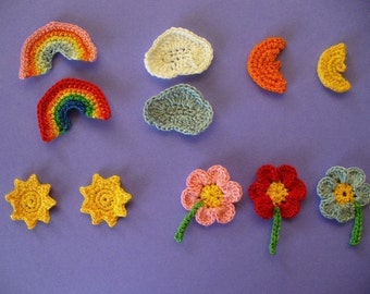 Crocheted Spring Time Appliques, Embellishments, Magnets, Pins, Earrings - Sun, Rainbow, Moon, Cloud or Flower