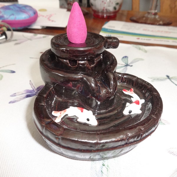 Backflow Incense Burner Holder Waterfall Effect Backflow Incense Cones Flower Mixed Scents Stone Mill with Koi Fish
