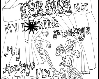 Sweary Coloring Page, Mature Content, Flying Monkey Coloring Page, Cuss Word Coloring, Swear word Coloring, Adult Coloring Page