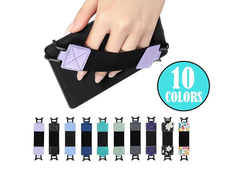 May include: A purple phone grip with a black strap and a white background. The text "10 COLORS" is in a turquoise circle. There are 10 different colored phone grips shown below.