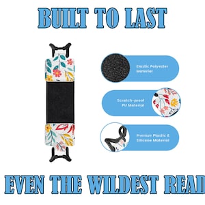 May include: A white phone case with a floral pattern and black accents. The case is made of durable materials, including scratch-proof PU, elastic polyester, and premium plastic and silicone. The text "BUILT TO LAST" and "EVEN THE WILDEST READS" is printed on the image.