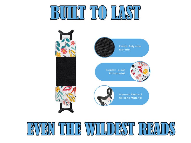 May include: A white phone case with a floral pattern and black accents. The case is made of durable materials, including scratch-proof PU, elastic polyester, and premium plastic and silicone. The text "BUILT TO LAST" and "EVEN THE WILDEST READS" is printed on the image.
