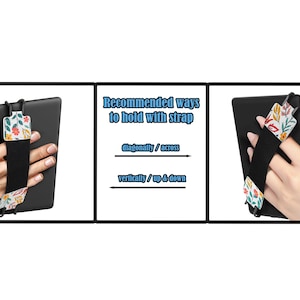 May include: A black e-reader with a floral patterned strap. The strap is designed to be held diagonally or vertically.