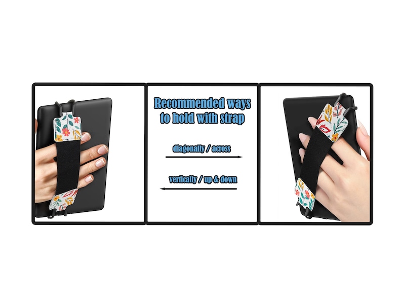 May include: A black e-reader with a floral patterned strap. The strap is designed to be held diagonally or vertically.