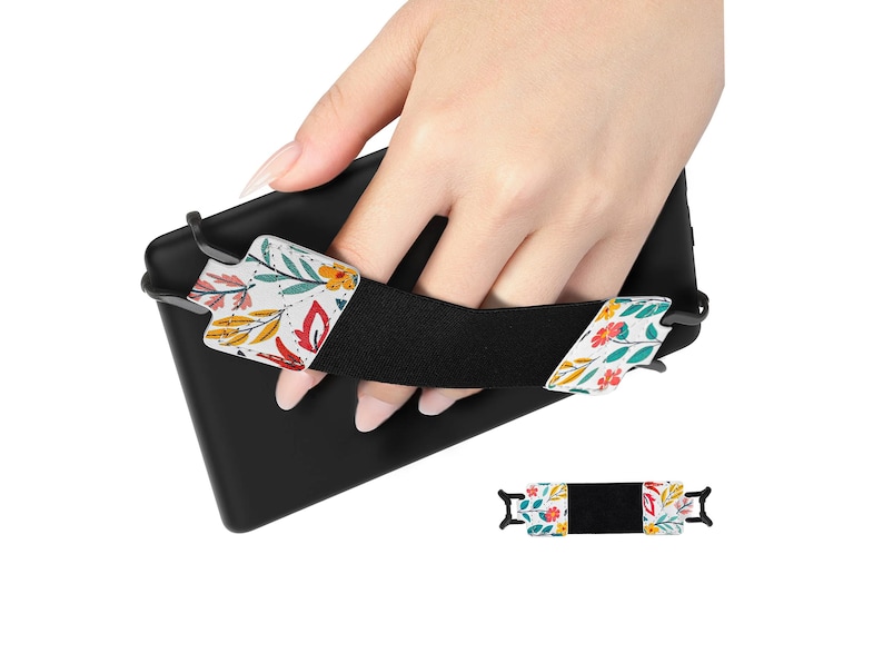 May include: A black phone case with a floral print strap. The strap is adjustable and has a secure grip.