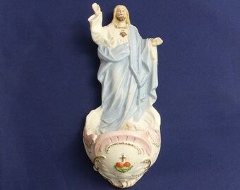 Antique French Holy Water Font 1900s Porcelain Hanging Ceramic Stoup with Jesus Christ Religious Gifts Wedding Art Nouveau