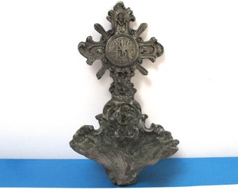 Antique Pewter Holy Water Font Vintage Hanging Stoup Stoup 1900s Art Nouveau Silver Metal Germany Catholic Jesus Religious Gift Christian