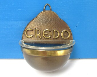 Brass Hanging Stoup CREDO "I Believe" Vintage Bronze Metal Holy Water Font Catholic Religious Wall Decor Christian Wedding Gift Idea