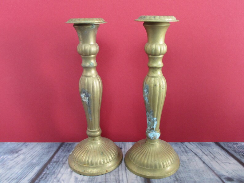 Solid Brass Candleholder with Verdigris Matched Set 2 Candlesticks Bronze Home Decor Gift Idea Wife Mom Midcentury Retro Metal Candle Holder