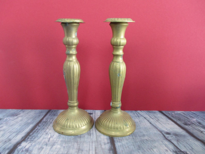 Solid Brass Candleholder with Verdigris Matched Set 2 Candlesticks Bronze Home Decor Gift Idea Wife Mom Midcentury Retro Metal Candle Holder