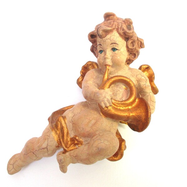 Angel Wall Hanging Vintage Ceramic Putti with Horn Guardian Angel Hand Painted w Gold Religious Statue Christian Home Decor Italy Italian