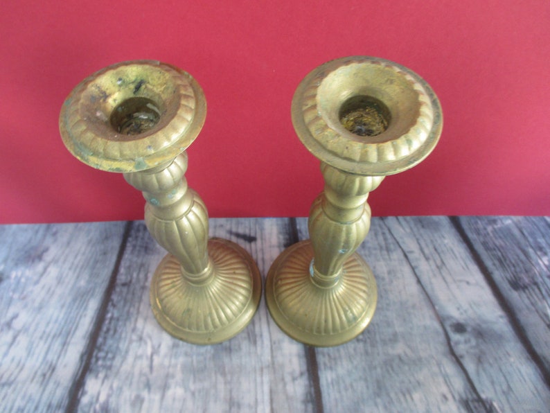Solid Brass Candleholder with Verdigris Matched Set 2 Candlesticks Bronze Home Decor Gift Idea Wife Mom Midcentury Retro Metal Candle Holder