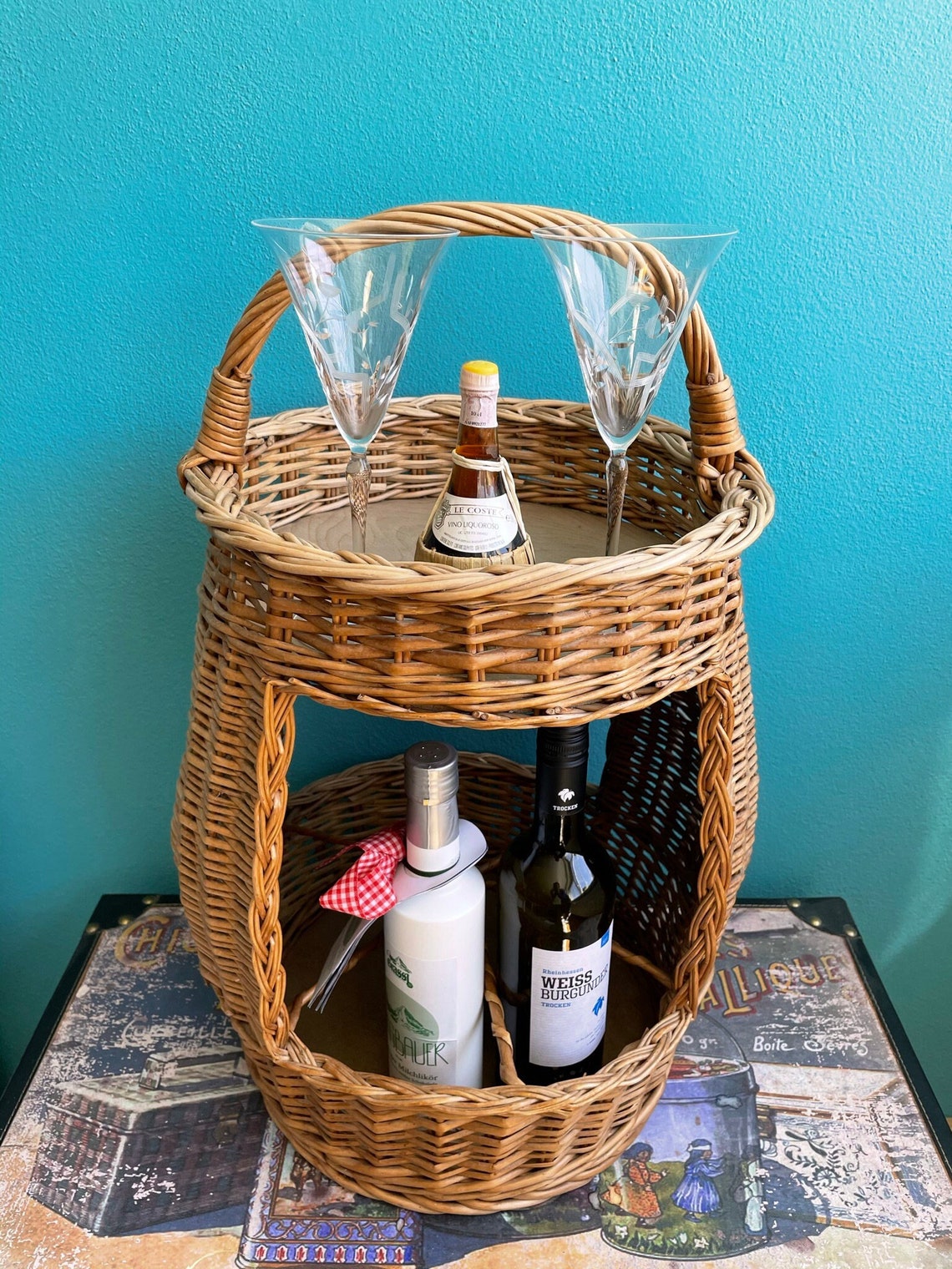 Vintage Standing Bar Basket Side Table Tall Rattan Basket Etsy