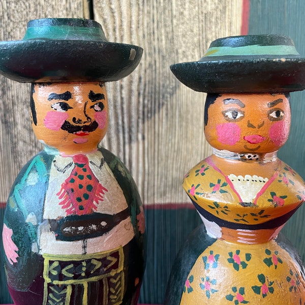 Farm HELP- Vintage Candleholder Set Bavarian Man & Woman Painted Figurines Folk Art Wood German Bauernmalerei Decor Rustic Wedding Gift