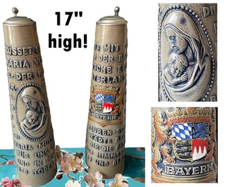 Farm HELP- Vintage 17" Stoneware Beer Stein Large Bavarian Beer Mug Germany Religious Jesus Bayern Flag Blue Cream German Mug Virgin Mary