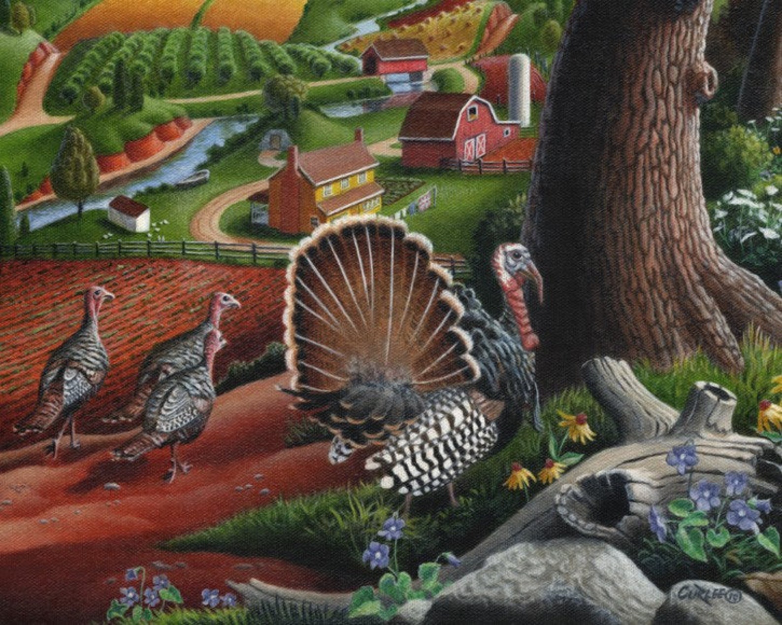 Original Oil Painting Wild Turkeys Painting Landscape Folk Etsy