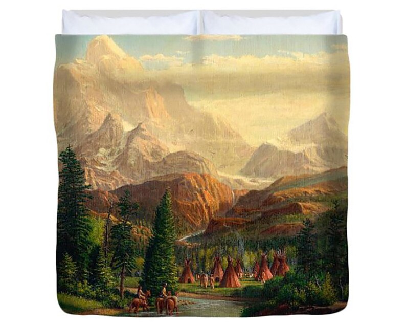 Native American Indian Village Mountain Landscape Duvet Cover Image 0