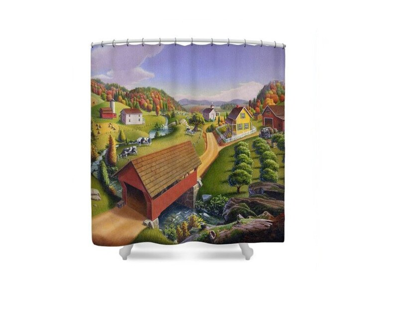 Red Covered Bridge Landscape Country Farm Shower