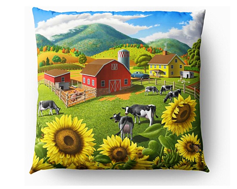 Sunflowers Cows Farm Throw Pillow Cover Country Landscape Etsy
