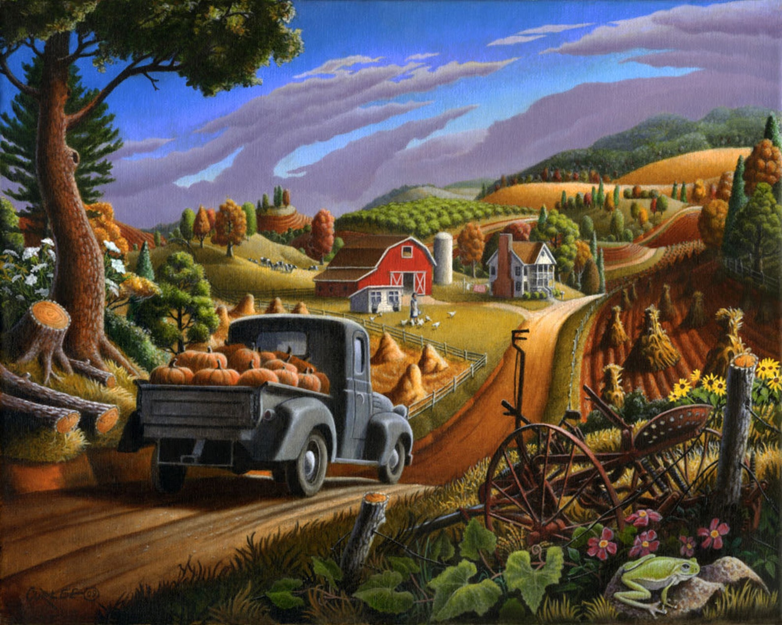 Farm art print Autumn Folk art rural farm country pumpkins Etsy