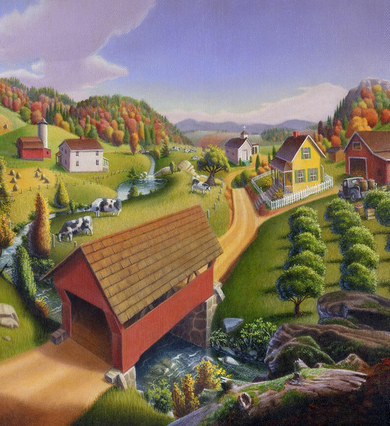 Red Covered Bridge Landscape Country Farm Shower Image 0 1