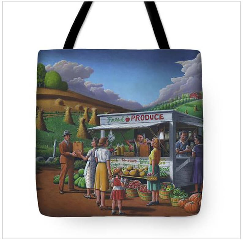 Farm Book Bag Appalachian Country life Farm Life Food Produce Stand Tote Bag Americana Book Bag Folk Art great gift for her Grandma