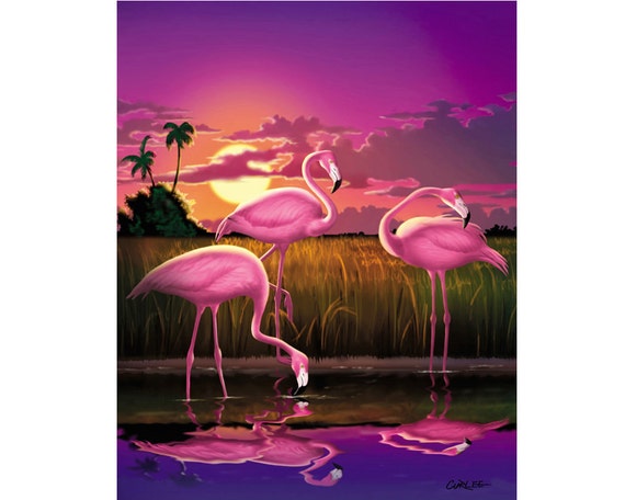 FLAMINGOS AND SUNSET PHOTO PICTURE PRINT ON FRAMED CANVAS WALL ART HOME DECOR