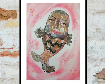 Weird Fish Painting Whimsical Ocean Animal Artwork Pink Brown Outsider Art Creatures