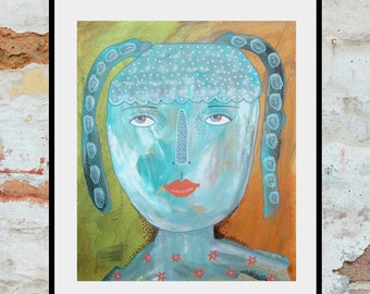 Quirky Woman Painting Female Portrait Turquoise Orange Naive Outsider Art