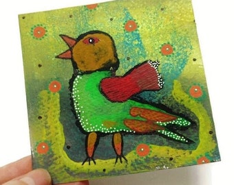 Miniature Bird Painting Quirky Whimsical 4 x 4 Inch Outsider Art