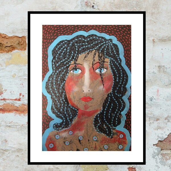 Female Portrait Art Paintings Of Women Black Haired Blue Eyed Girl Original Artwork