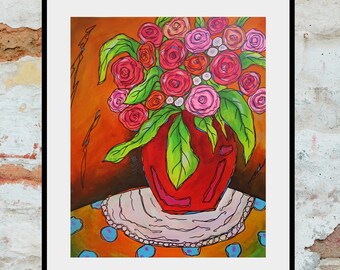 Large Roses Painting Pink Red Flowers In Vase Bright Colourful Still Life Artwork