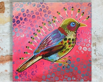 Quirky Bird Painting Bold Bright Colourful Original Bohemian Artwork On Canvas