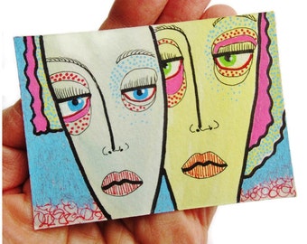 Original ACEO ATC Portrait Miniature Faces Art Quirky Tiny Outsider Art