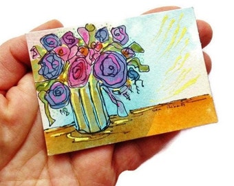 ACEO Original Painting Floral Art Flowers Watercolour Still Life Miniature Artwork