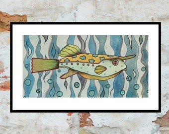 Watercolour Fish Painting Weird Marine Animal Art Whimsical Sea Creature Artwork