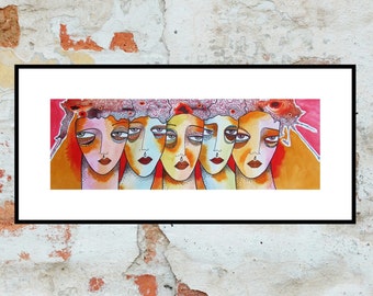 Large Female Portrait Painting Orange Red Grey Abstract Women Watercolour Artwork