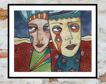 Original Portrait Painting Pink & Green Faces Quirky Outsider Art Faces