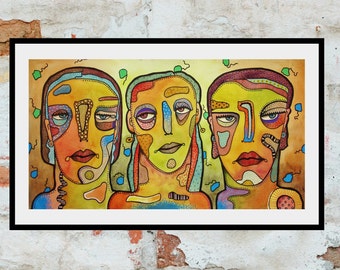 Large Sized Original Portrait Painting Colourful Faces Drawing Quirky Statement Wall Art