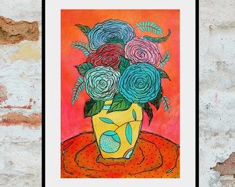 Bright Floral Artwork Flower Painting Bold Colour Vase of Flowers Artwork