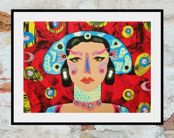 Female Portrait Original Collage Art Woman's Face Painting Cut Paper Artwork